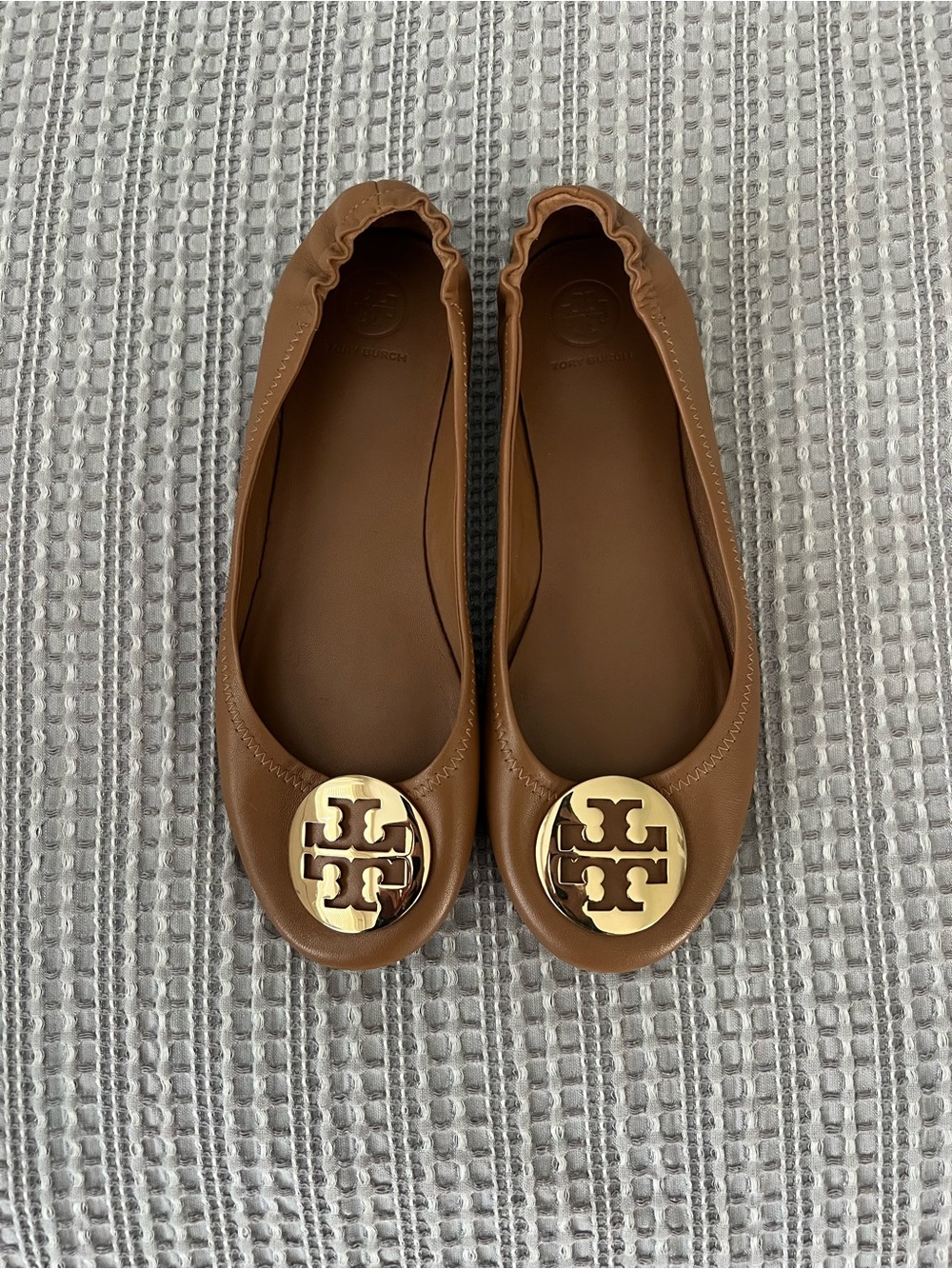 Tory Burch Tan Leather Logo Ballet Flats with Gold Medallions